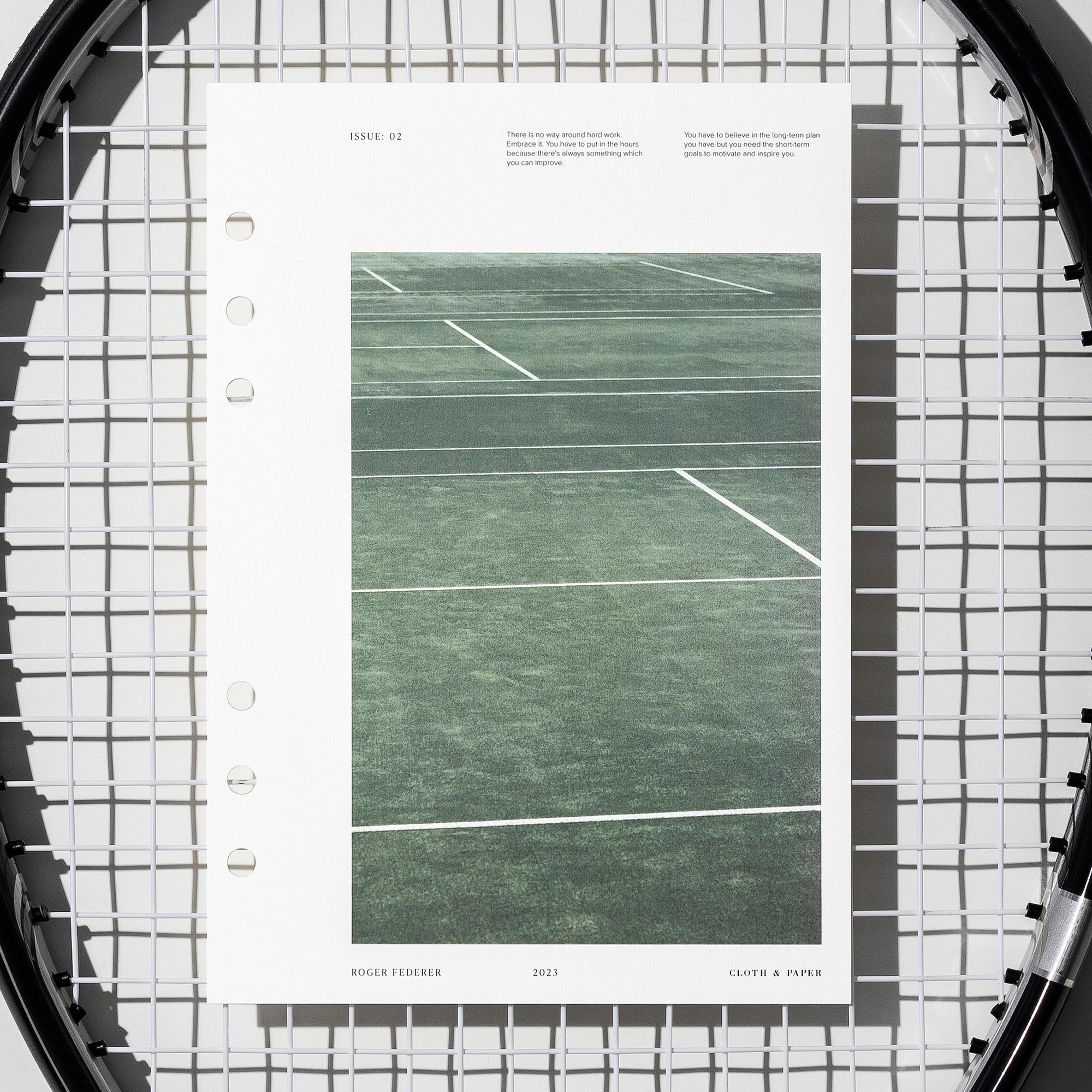 Full Court  dashboard displayed on a tennis racket's netting. Size shown is A5.