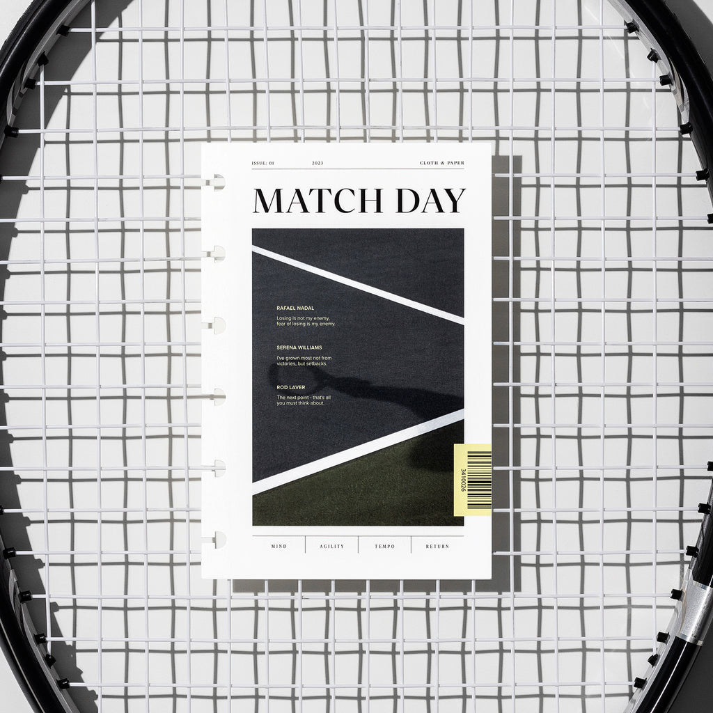 Match Day dashboard displayed on a tennis racket's netting. Size shown is CP Petite. 