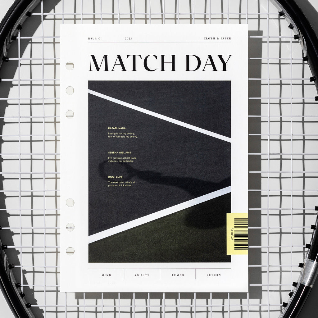 Match Day dashboard displayed on a tennis racket's netting. Size shown is A5. 