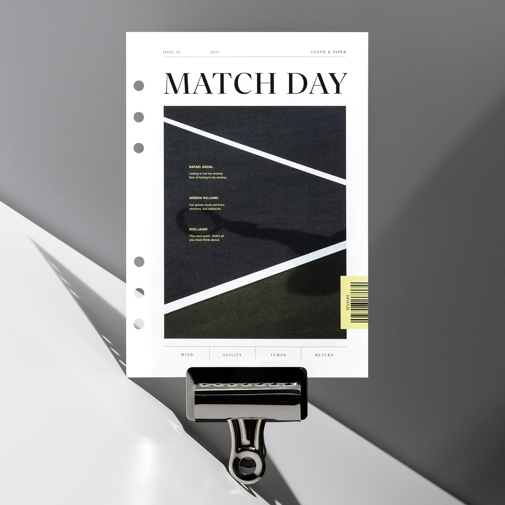 Match Day dashboard displayed with a clip on a neutral gray background. Size shown is A5. 
