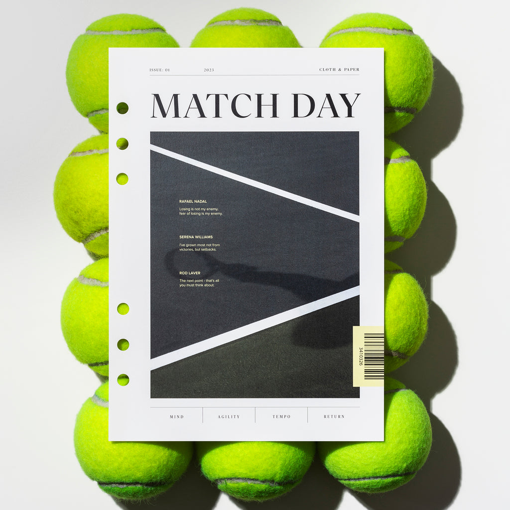 Match day dashboard displayed on top of 12 tennis balls. Size shown is A5. 