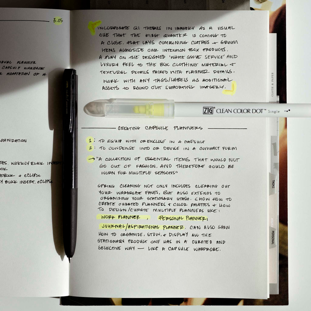 A spoiler image of a page from the Ensemble Notebook | A5.  Sitting on top of the page is a Clear Color Dot highlighter and another black pen from our March Pen Set.