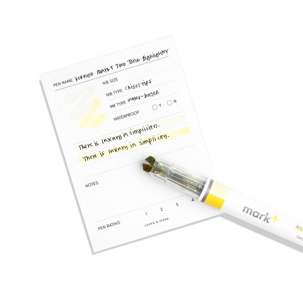 Highlighter resting on a sheet of paper displaying highlight samples from both nibs and ink colors.