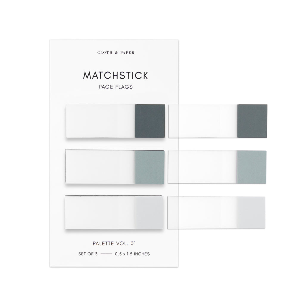Matchstick Page Flag Set | Palette Vol. 01 | Lagoon, Mykonos + Aspen | Cloth and Paper. Page flags on their backing with one page flag of each color stuck to the right side of the backing.