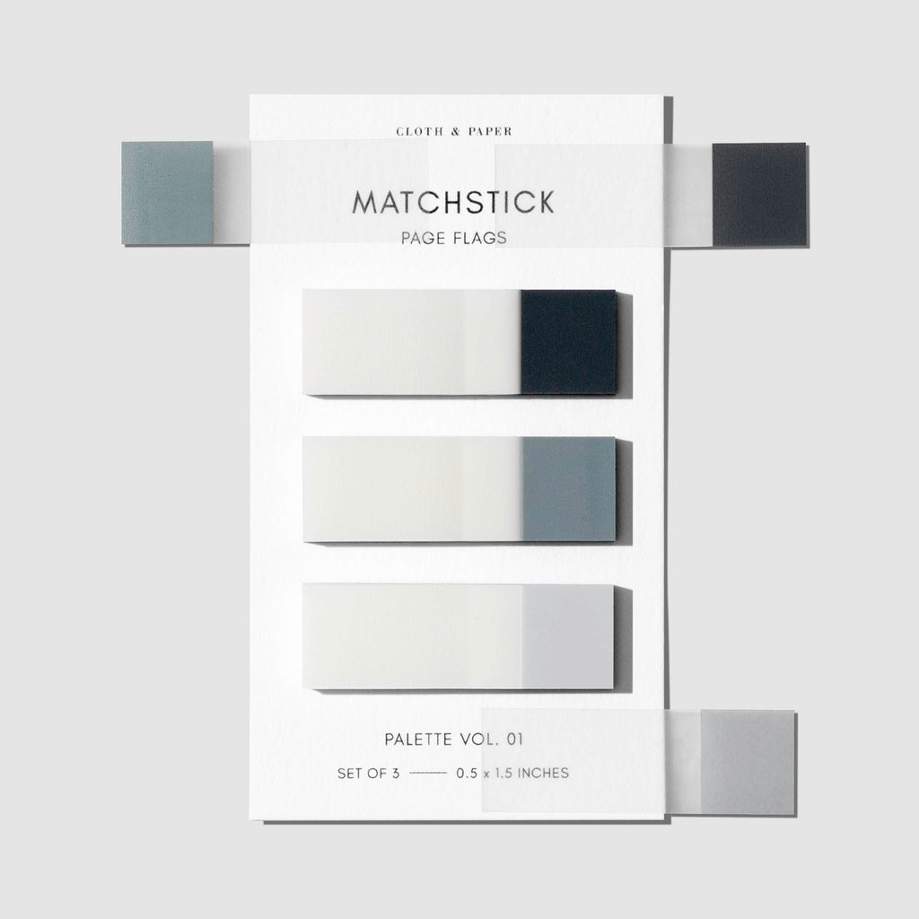 Matchstick Page Flag Set | Palette Vol. 01 | Lagoon, Mykonos + Aspen | Cloth and Paper. Page flags on their backing with one page flag of each color stuck to the right side of the backing.