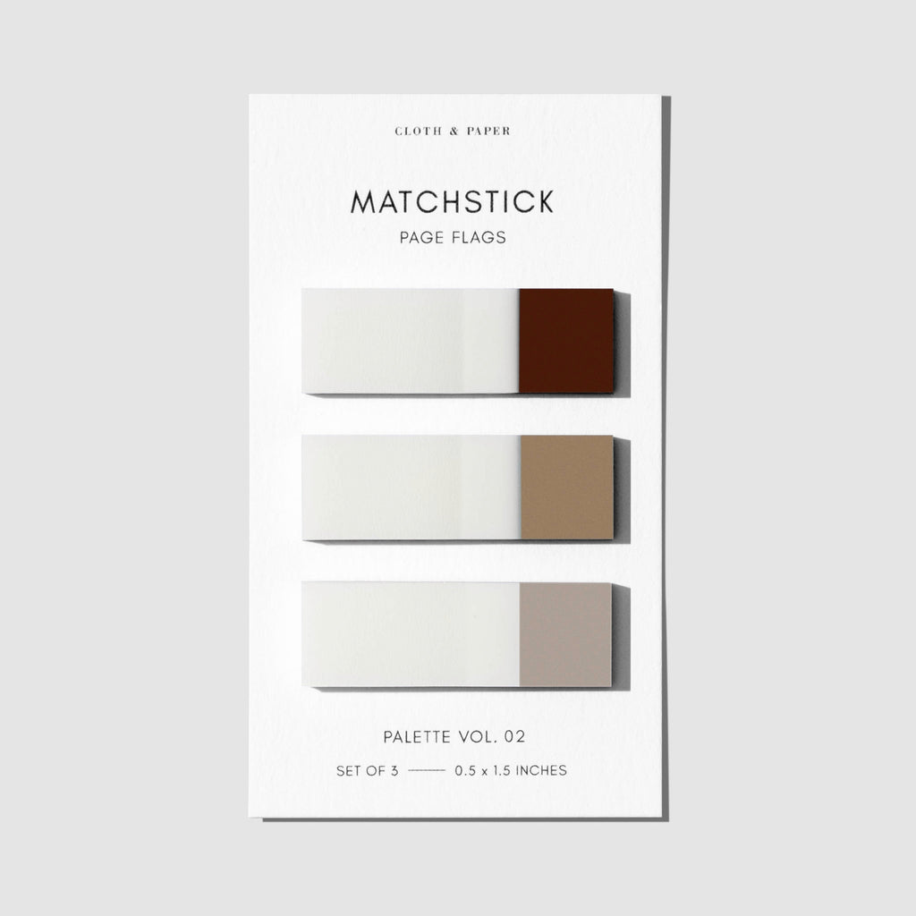 Matchstick Page Flag Set, Palette Vol. 02, Saddle, Moscow, and Crepe, Cloth and Paper. Set of matchstick page flags eft against a white background.