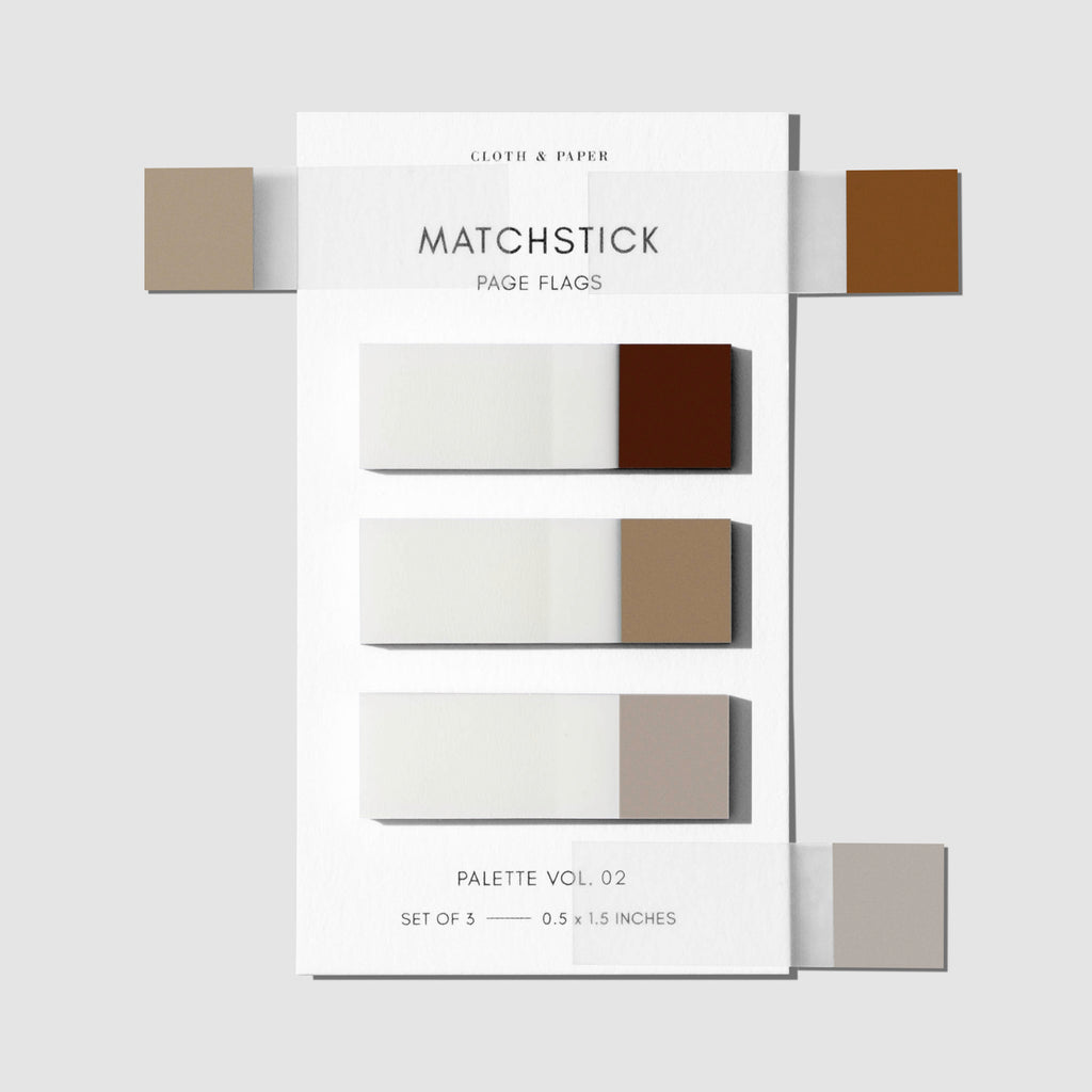 Matchstick Page Flag Set, Palette Vol. 02, Saddle, Moscow, and Crepe, Cloth and Paper. Set of matchstick page flags eft against a white background with samples of each page flag stuck to the backing.