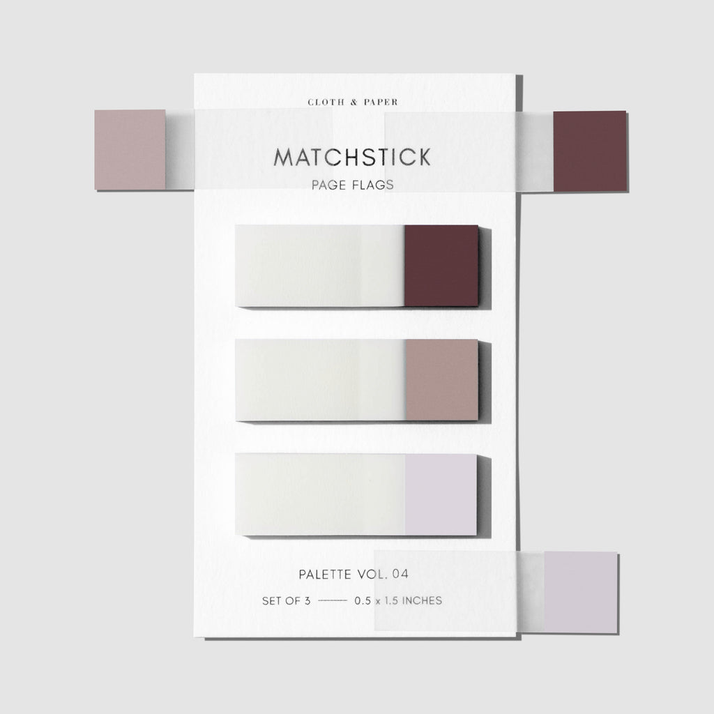 Matchstick Page Flag Set, Palette Vol. 04, Bordeaux, Demure, and Porcelain, Cloth and Paper. Set of page flags on their backing against a white background with samples of each page flag stuck to the backing.