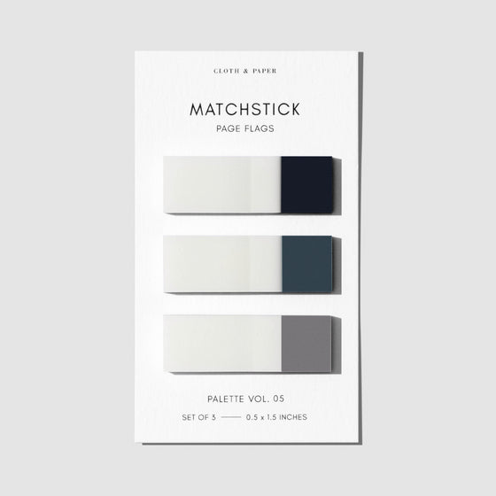 Matchstick Page Flag Set, Palette Vol. 5, Apollo, Juniper, and Verona, Cloth and Paper. Page flags on their backing against a white background.