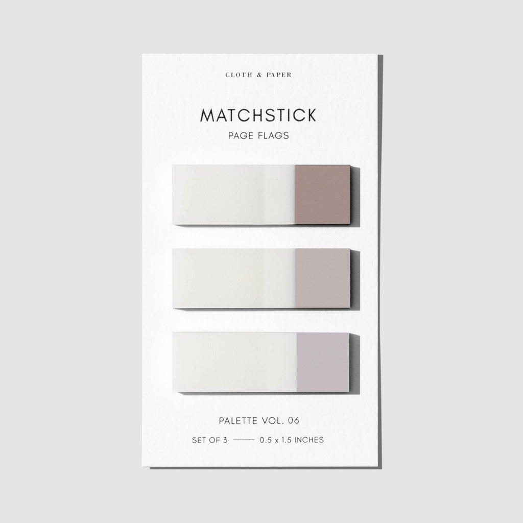 Matchstick Page Flag Set, Palette Vol. 06, Quartz, Beignet, and Champagne, Cloth and Paper. Page flags against a white background.