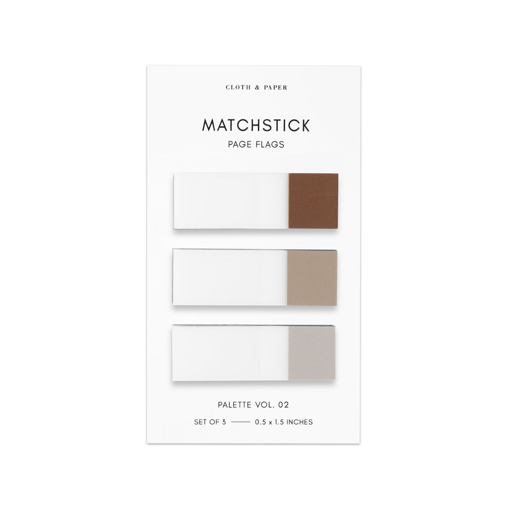 Matchstick Page Flag Set, Palette Vol. 02, Saddle, Moscow, and Crepe, Cloth and Paper. Set of matchstick page flags eft against a white background.