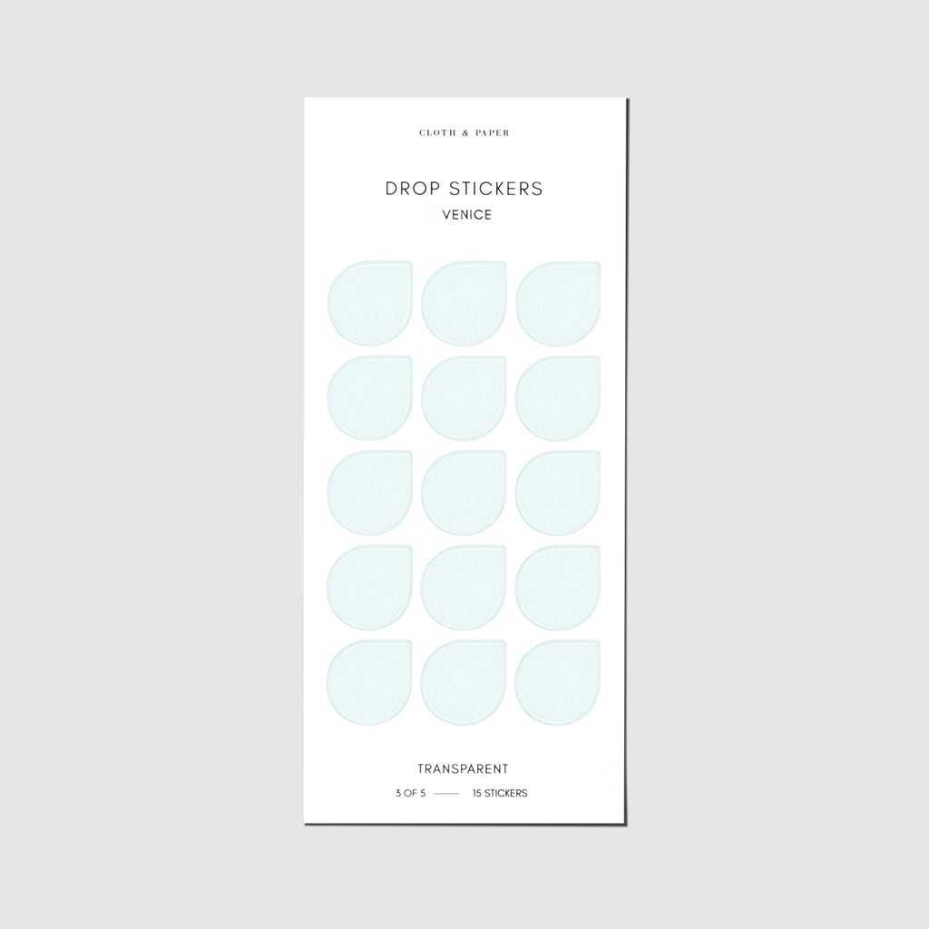 Minimal Shape Sticker Set with Transparent Drops in Venice displayed against a neutral background.