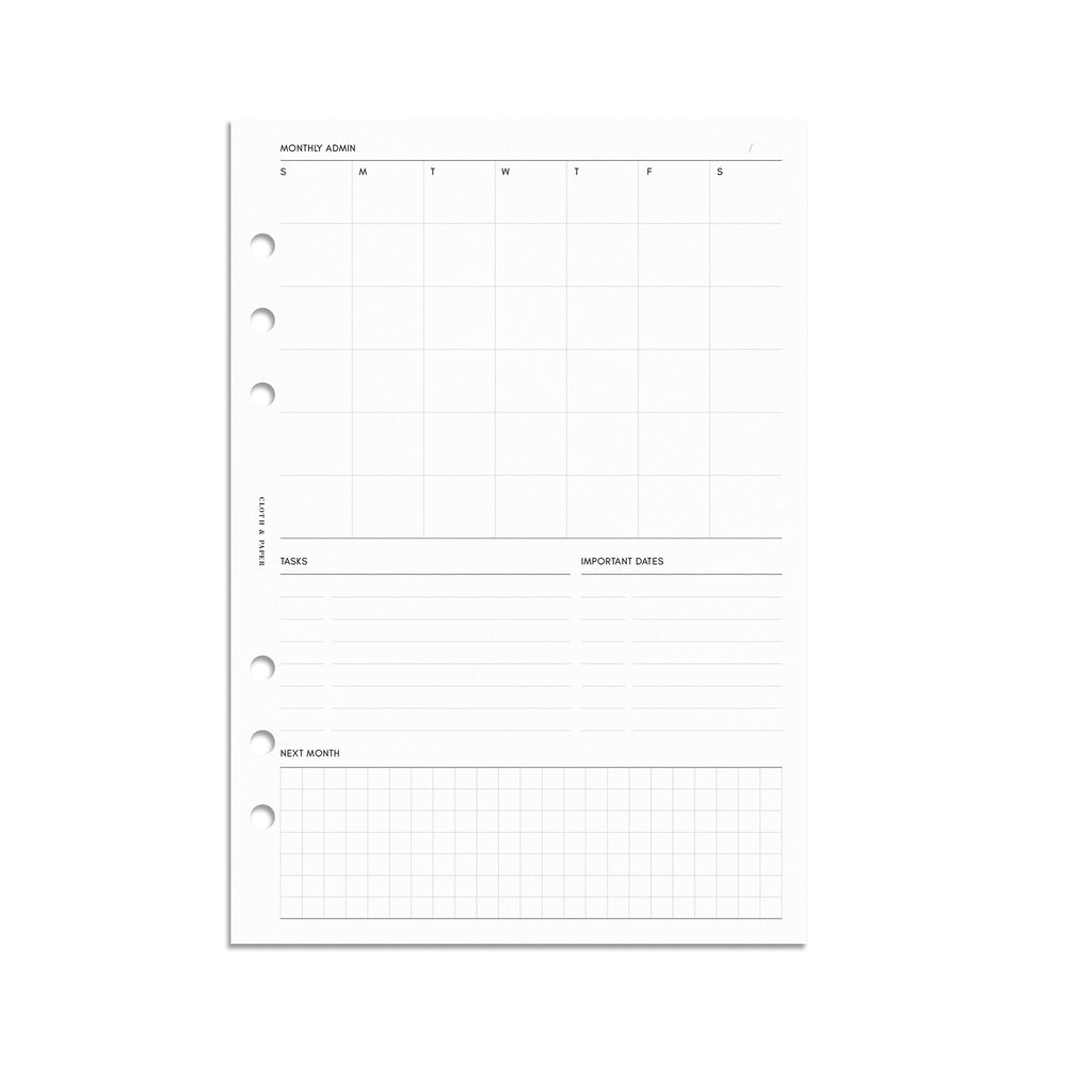 Monthly Admin Planner Inserts, Sunday Start, Cloth and Paper. Mockup of insert in A5.