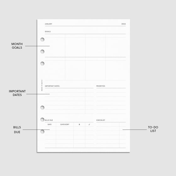 Digital mockup of the 2025 Dated Monthly Planner Insert | Monday Start showing sections for the monthly goals, important dates, bills due, and the to-do list. The features of the insert are highlighted with arrows pointing to them. Size shown is A5.