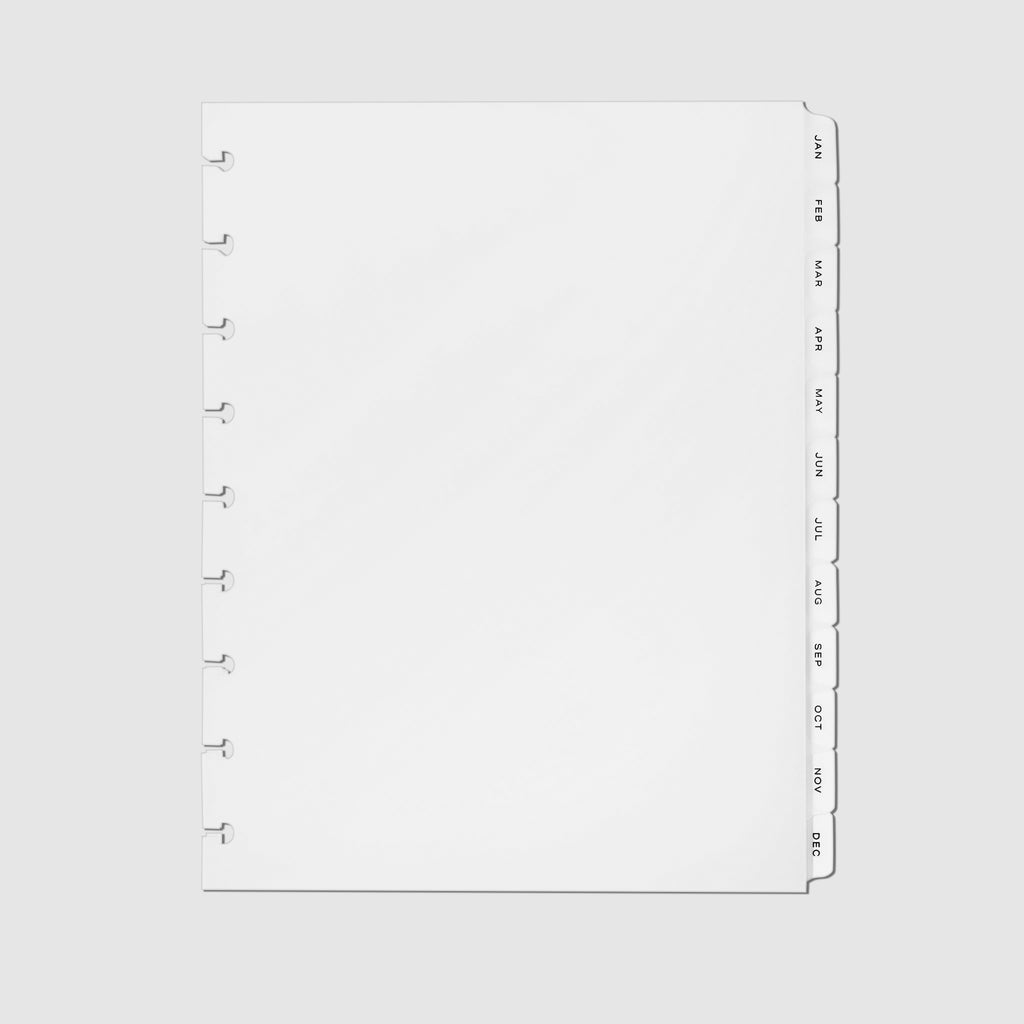 Monthly Side Tab Planner Dividers, Low Profile, Matte. Black foil tabs displayed on a white background.