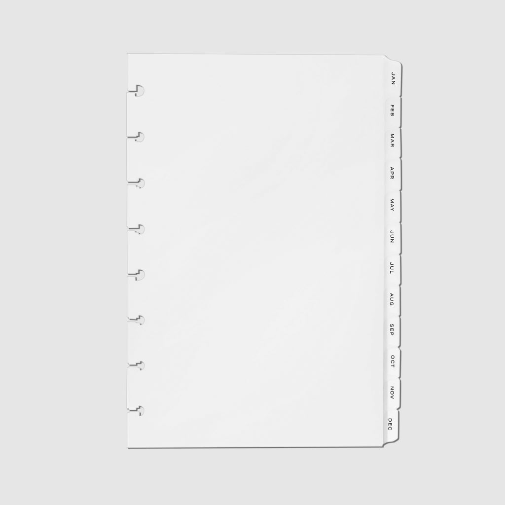 Monthly Side Tab Planner Dividers, Low Profile, Matte. Black foil tabs displayed on a white background.