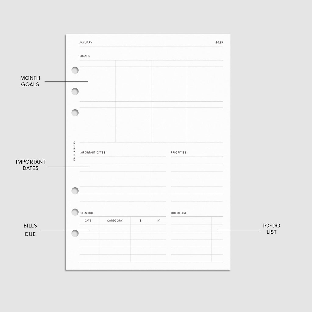 Digital mockup of the 2025 Dated Monthly Planner Insert | Sunday Start showing sections for the monthly goals, important dates, bills due, and the to-do list. The features of the insert are highlighted with arrows pointing to them. Size shown is A5.