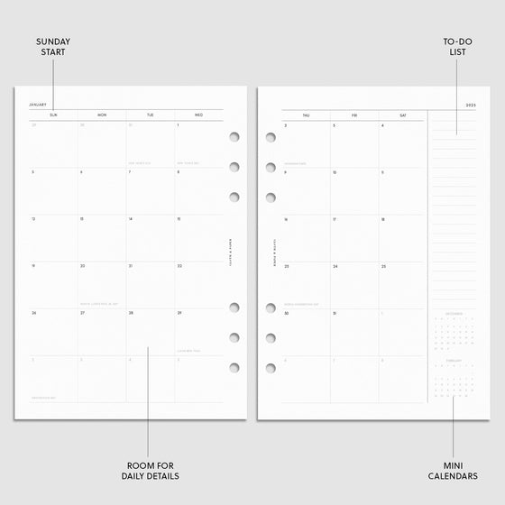 Digital mockup of the 2025 Dated Monthly Planner Insert | Sunday Start showing the monthly calendar spread. The features of the insert are highlighted with arrows pointing to them. Size shown is A5.