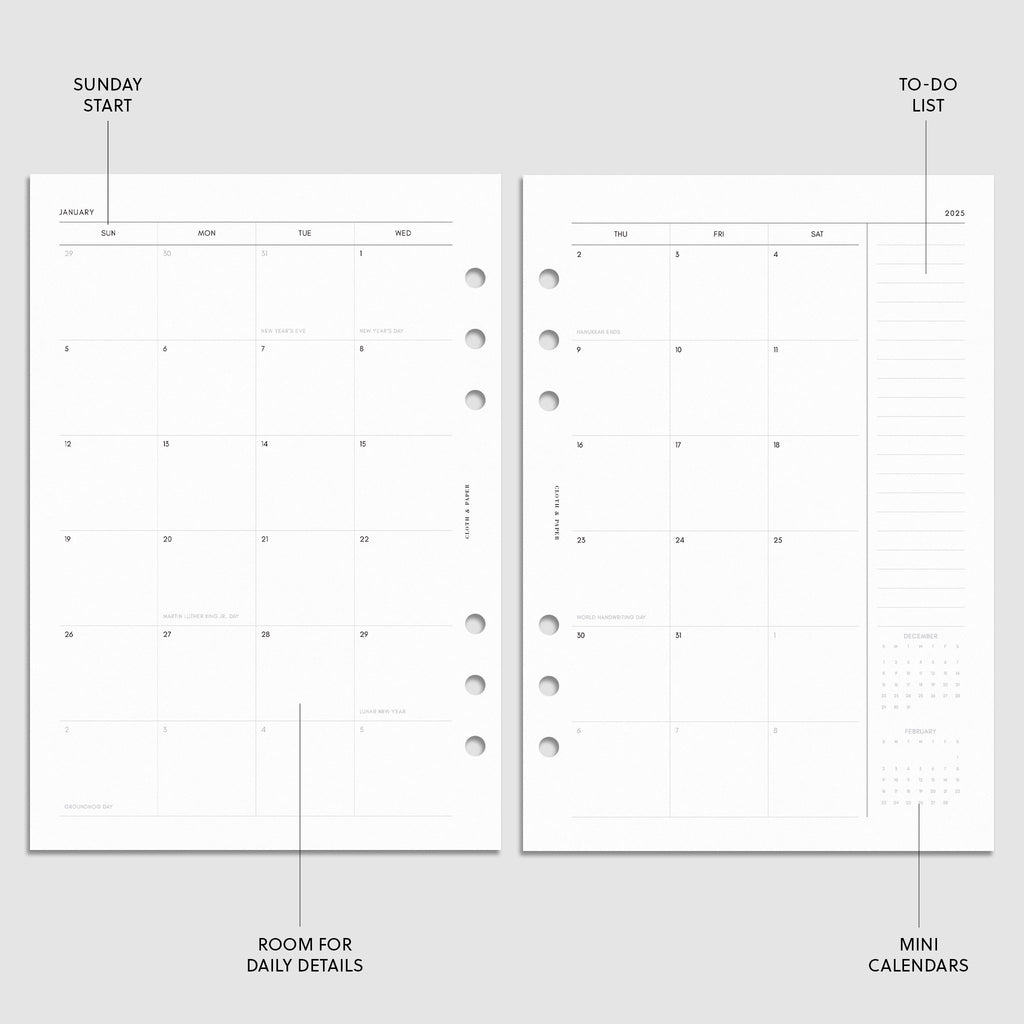 Digital mockup of the 2025 Dated Monthly Planner Insert | Sunday Start showing the monthly calendar spread. The features of the insert are highlighted with arrows pointing to them. Size shown is A5.