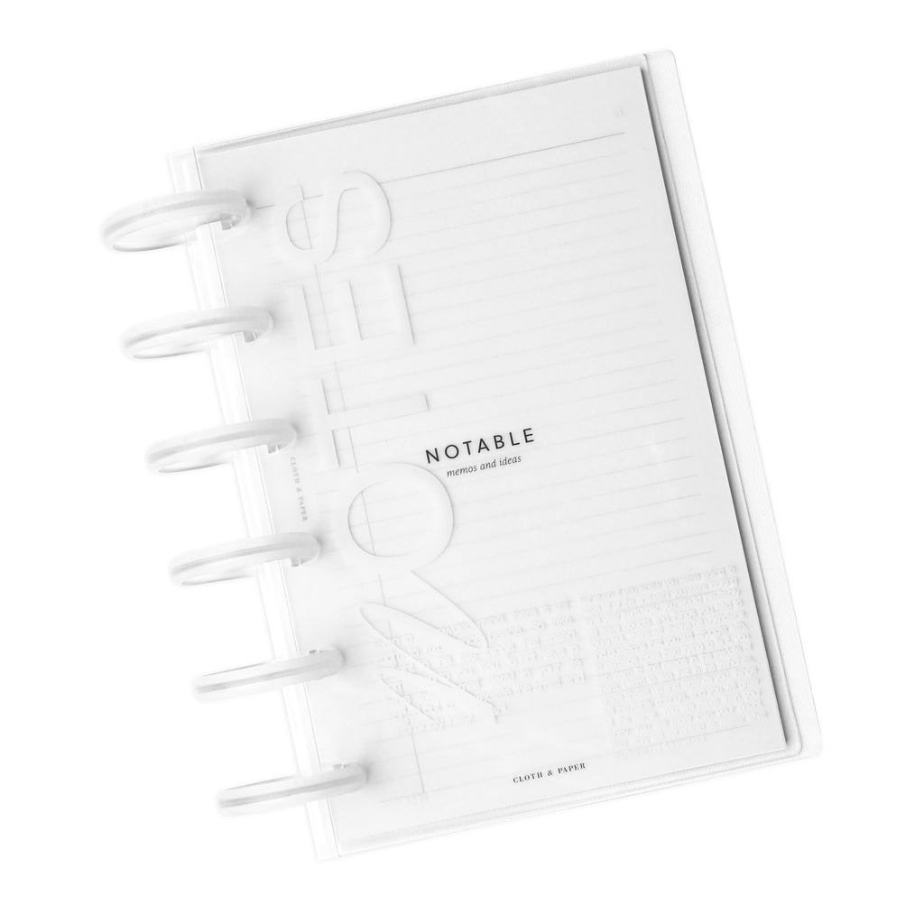 Notes Discbound Notebook Cover in CP Petite styled with clear planner discs and the Notable Section Cover Planner Dashboard.