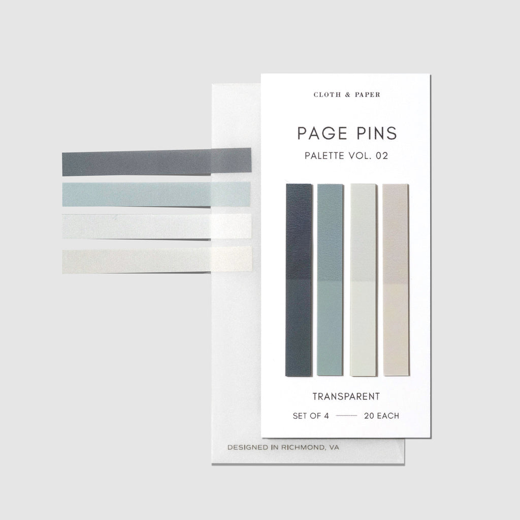 Page Pins Palette Vol. 02, there are 4 colors of page pins on a white backing. Page pins on their backing with one of each color removed and placed on the side of the backing to show their transparency and are displayed on a light gray background