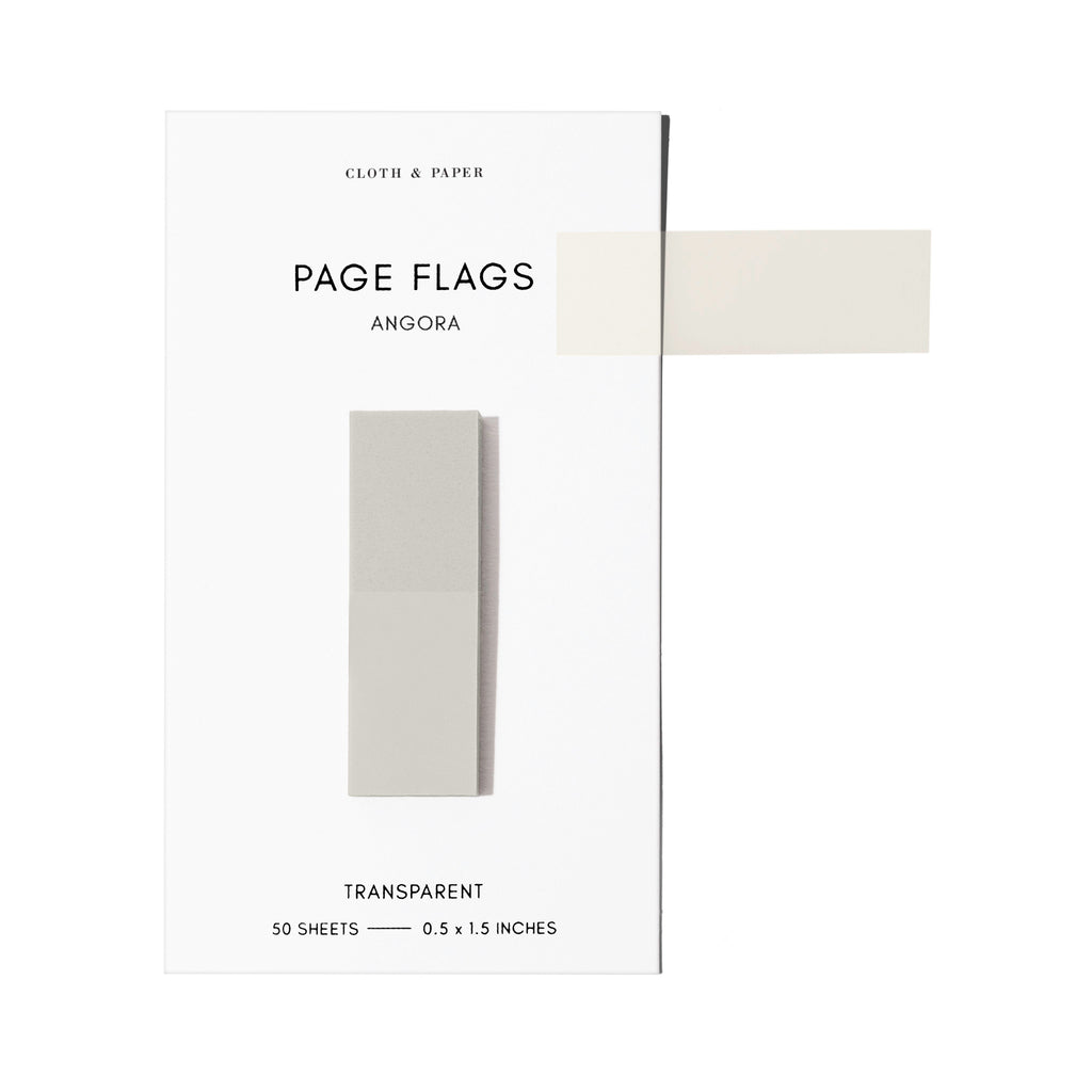 Page flags on their backing with one flag removed and attached to the backing to show its transparency. Color shown is Angora.