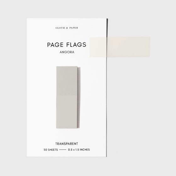 Page flags on their backing with one flag removed and attached to the backing to show its transparency. Color shown is Angora.