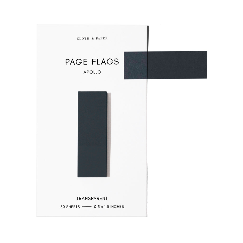 Page flags on their backing with one flag removed and attached to the backing to show its transparency. Color shown is Apollo.