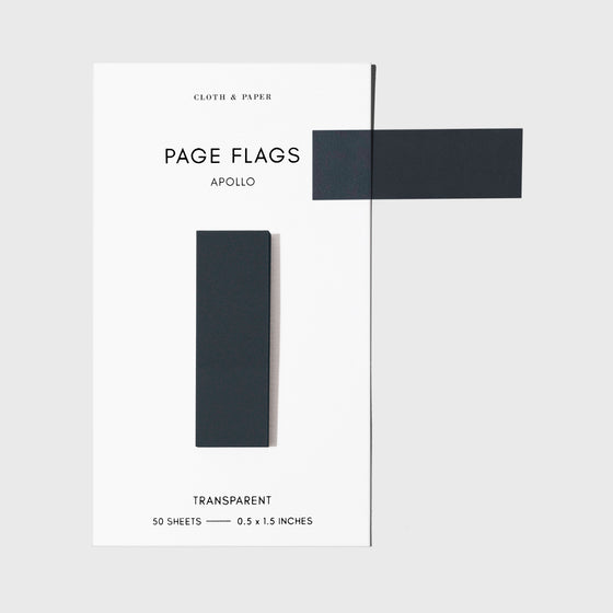 Page flags on their backing with one flag removed and attached to the backing to show its transparency. Color shown is Apollo.