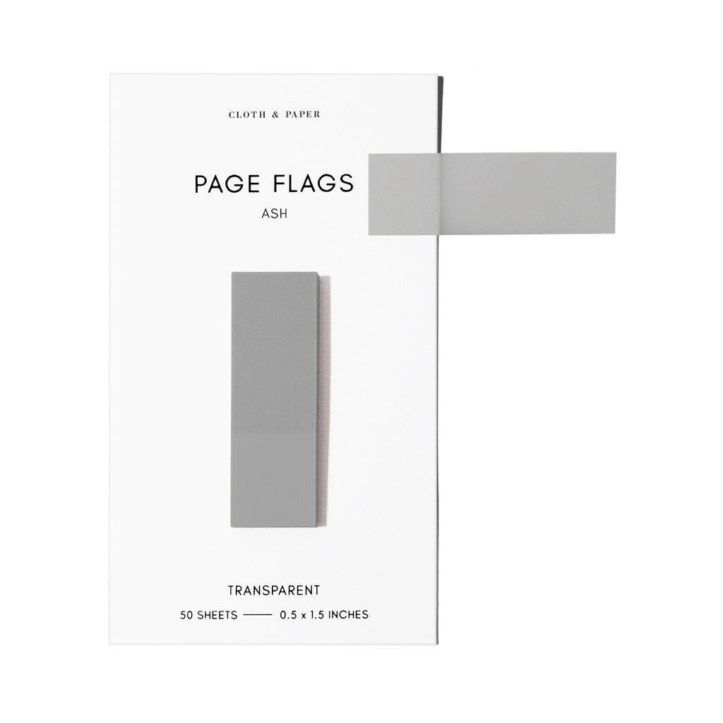 Page flags on their backing with one flag removed and attached to the backing to show its transparency. Color shown is Ash.