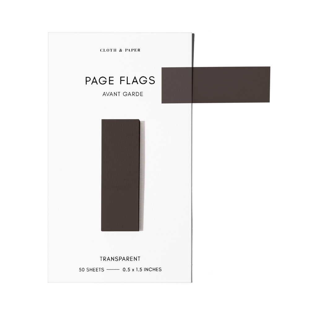 Page flags on their backing with one flag removed and attached to the backing to show its transparency. Color shown is Avant Garde.