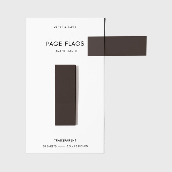 Page flags on their backing with one flag removed and attached to the backing to show its transparency. Color shown is Avant Garde.