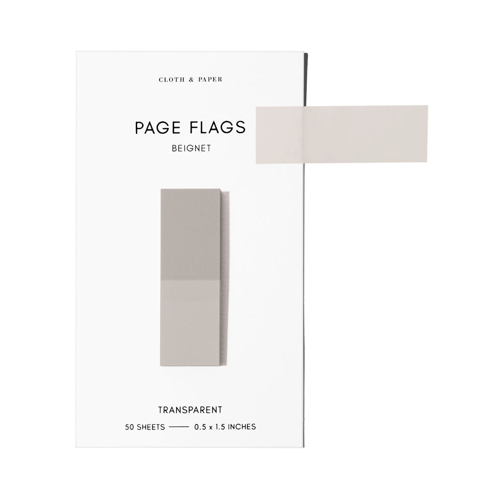 Page flags on their backing with one flag removed and attached to the backing to show its transparency. Color shown is Beignet.