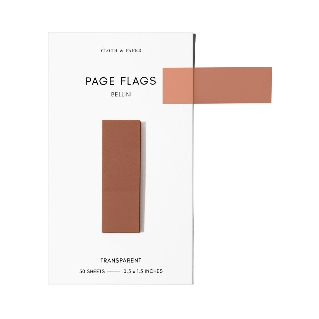 Page flags on their backing with one flag removed and attached to the backing to show its transparency. Color shown is Bellini.