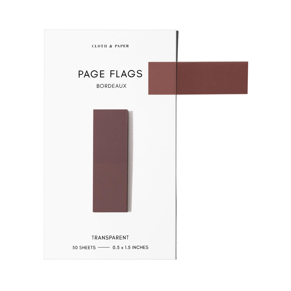 Page flags on their backing with one flag removed and attached to the backing to show its transparency. Color shown is Bordeaux.