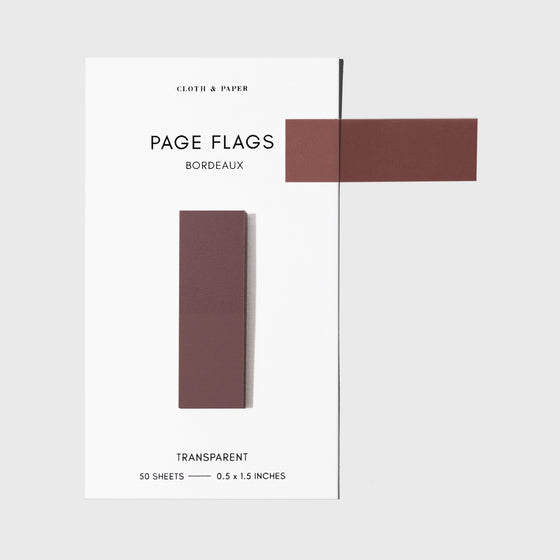 Page flags on their backing with one flag removed and attached to the backing to show its transparency. Color shown is Bordeaux.