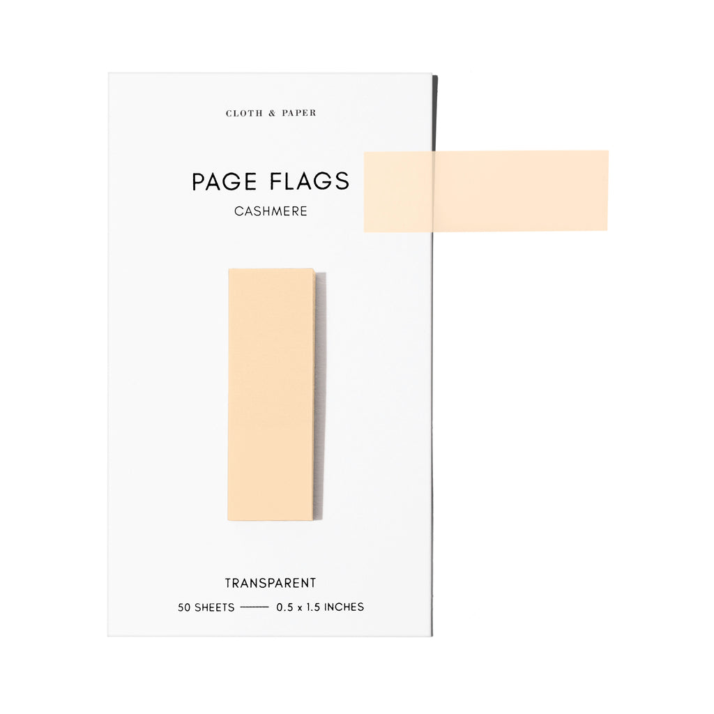 Page flags on their backing with one flag removed and attached to the backing to show its transparency. Color shown is Cashmere.