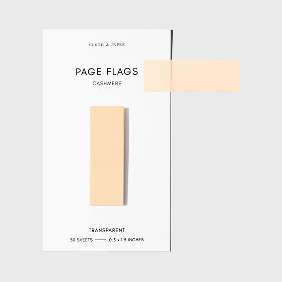 Page flags on their backing with one flag removed and attached to the backing to show its transparency. Color shown is Cashmere.