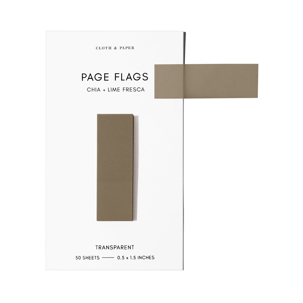 Page flags on their backing with one flag removed and attached to the backing to show its transparency. Color shown is Chia Lime Fresca.