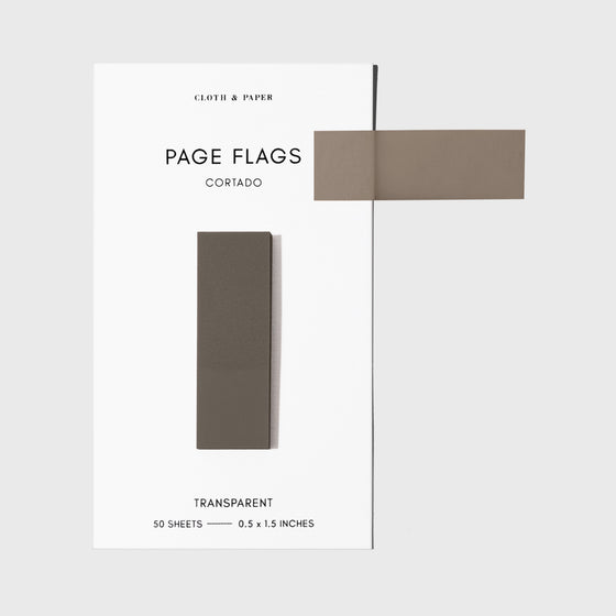 Page flags on their backing with one flag removed and attached to the backing to show its transparency. Color shown is Cortado.