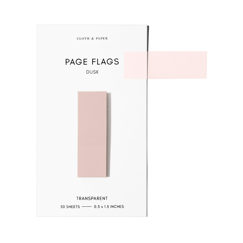 Page flags on their backing with one flag removed and attached to the backing to show its transparency. Color shown is Dusk.