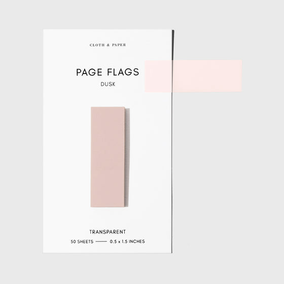 Page flags on their backing with one flag removed and attached to the backing to show its transparency. Color shown is Dusk.