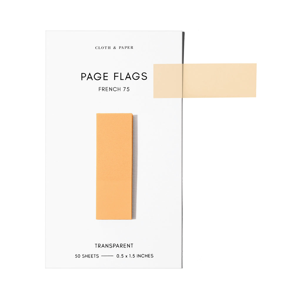 Page flags on their backing with one flag removed and attached to the backing to show its transparency. Color shown is French 75.