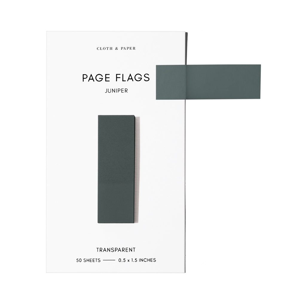 Page flags on their backing with one flag removed and attached to the backing to show its transparency. Color shown is Juniper.