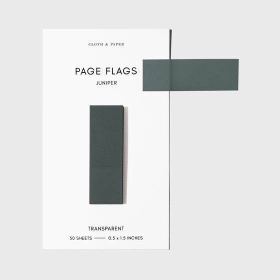 Page flags on their backing with one flag removed and attached to the backing to show its transparency. Color shown is Juniper.