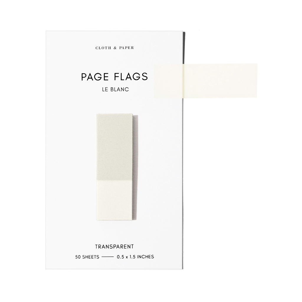 Page flags on their backing with one flag removed and attached to the backing to show its transparency. Color shown is Le Blanc.