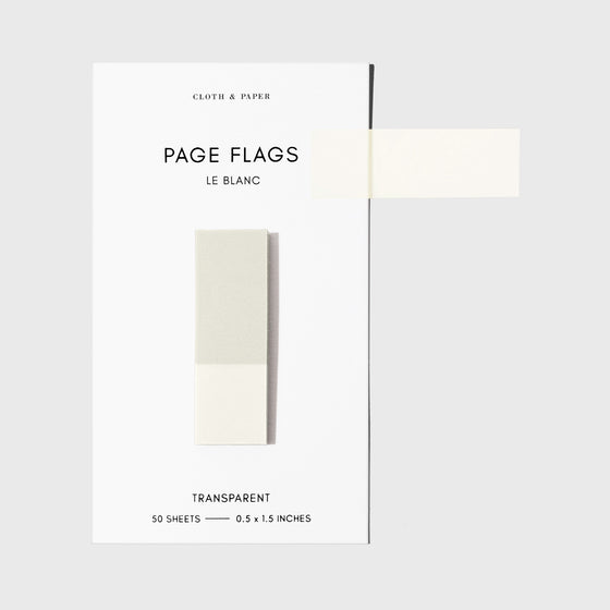 Page flags on their backing with one flag removed and attached to the backing to show its transparency. Color shown is Le Blanc.