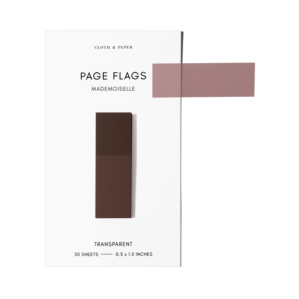 Page flags on their backing with one flag removed and attached to the backing to show its transparency. Color shown is Mademoiselle.