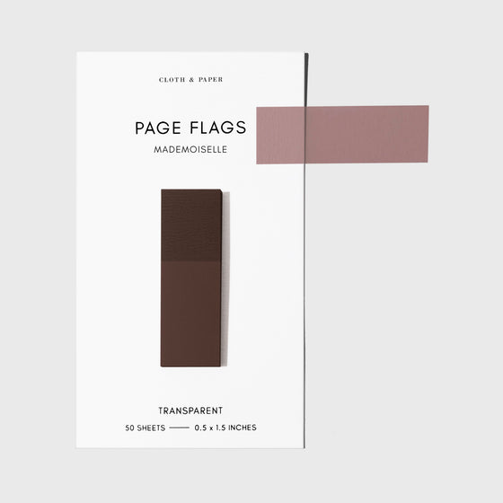 Page flags on their backing with one flag removed and attached to the backing to show its transparency. Color shown is Mademoiselle.