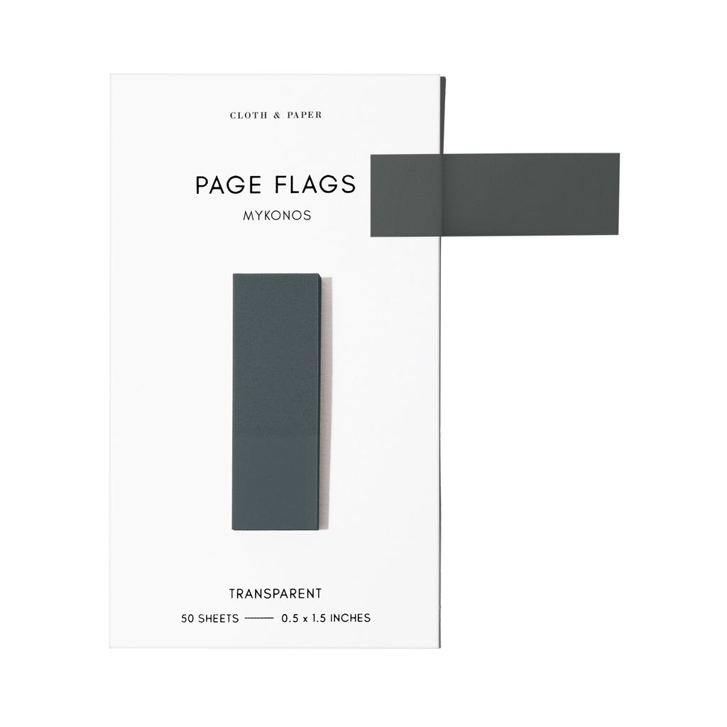 Page flags on their backing with one flag removed and attached to the backing to show its transparency. Color shown is Mykonos.